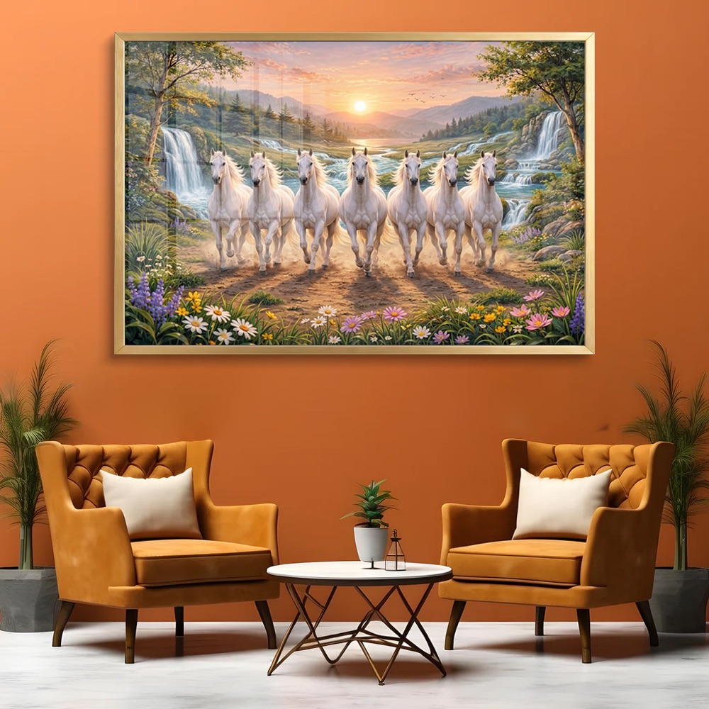 Waterfall Flower Valley Seven Horse Painting