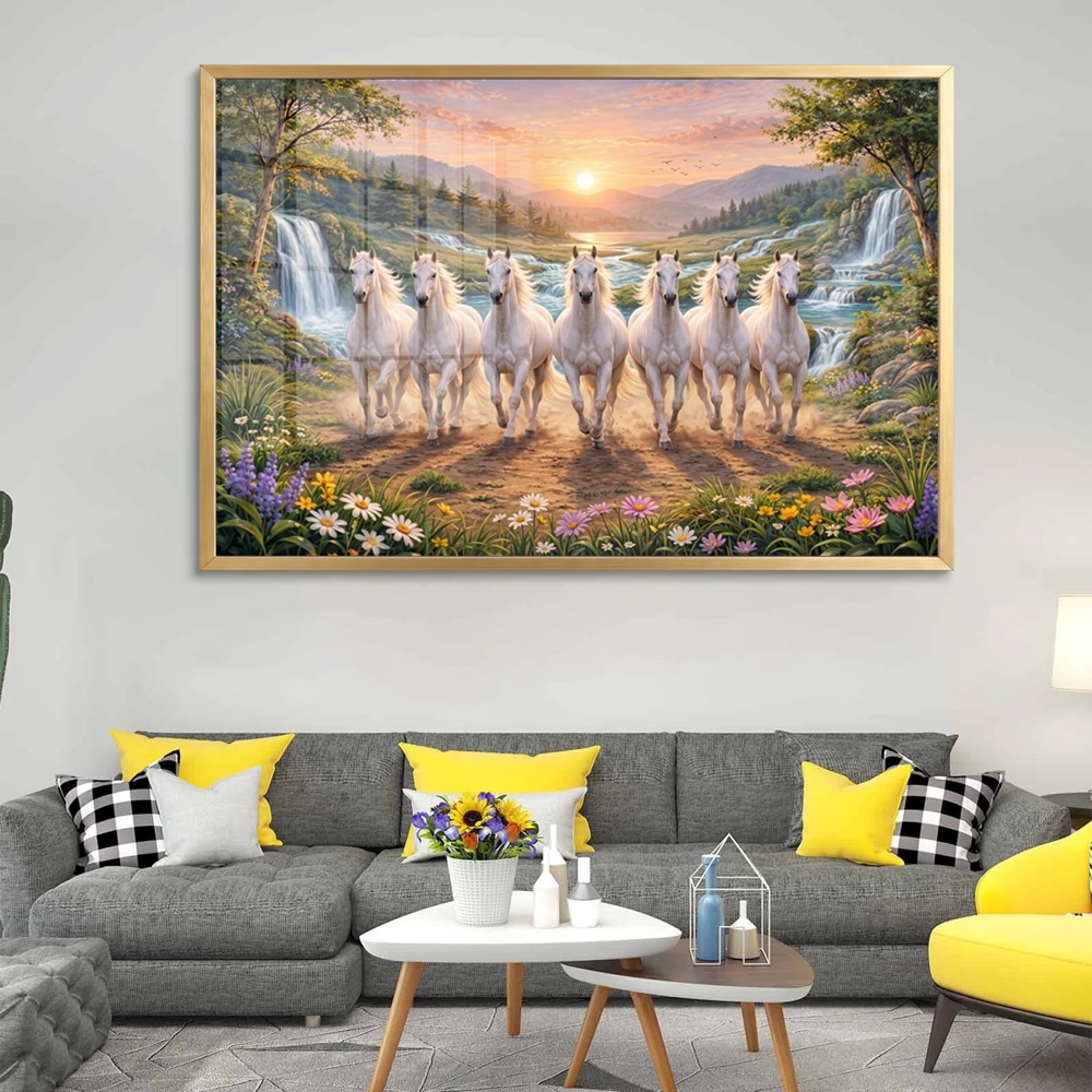 Waterfall Flower Valley Seven Horse Painting - Image 2