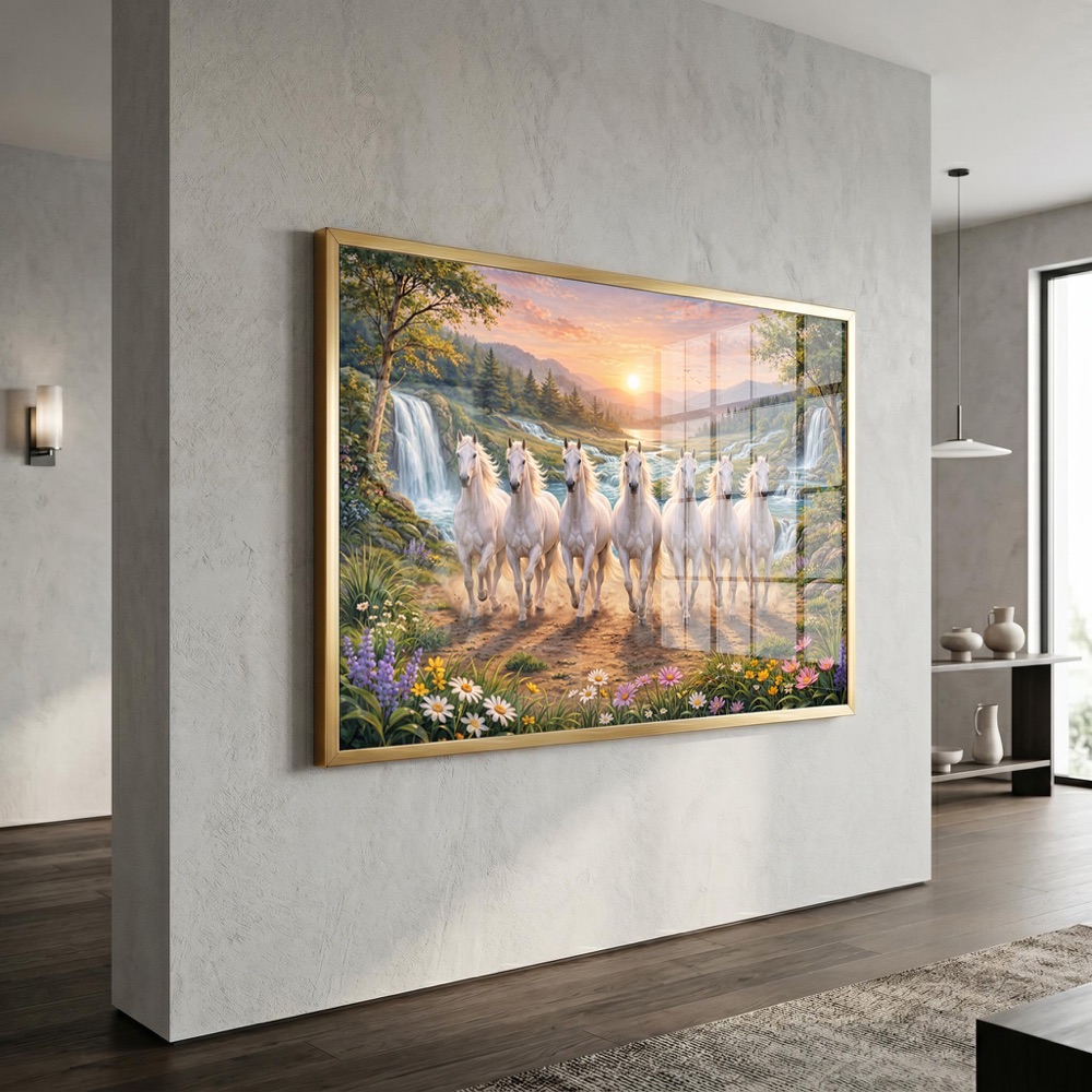 Waterfall Flower Valley Seven Horse Painting - Image 3