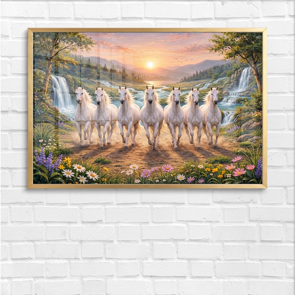 Waterfall Flower Valley Seven Horse Painting - Image 4