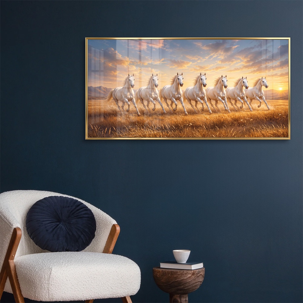 Golden Wheat Field Sunrise 7 Horse Painting - Image 2