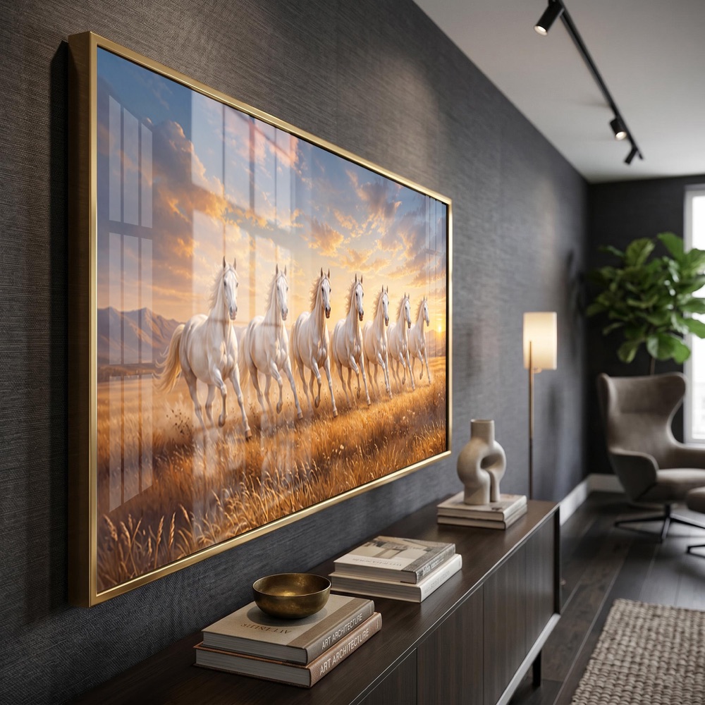 Golden Wheat Field Sunrise 7 Horse Painting - Image 3