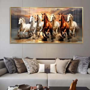 Sunrise Water Seven Horse Mixed Painting