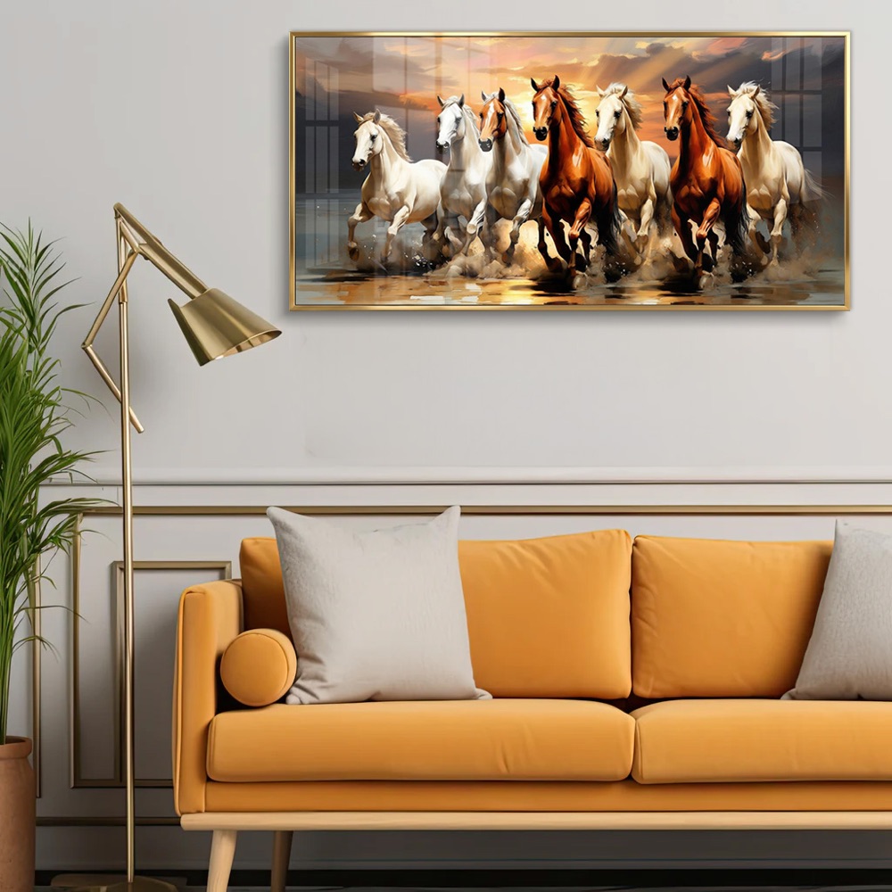 Sunrise Water Seven Horse Mixed Painting - Image 2
