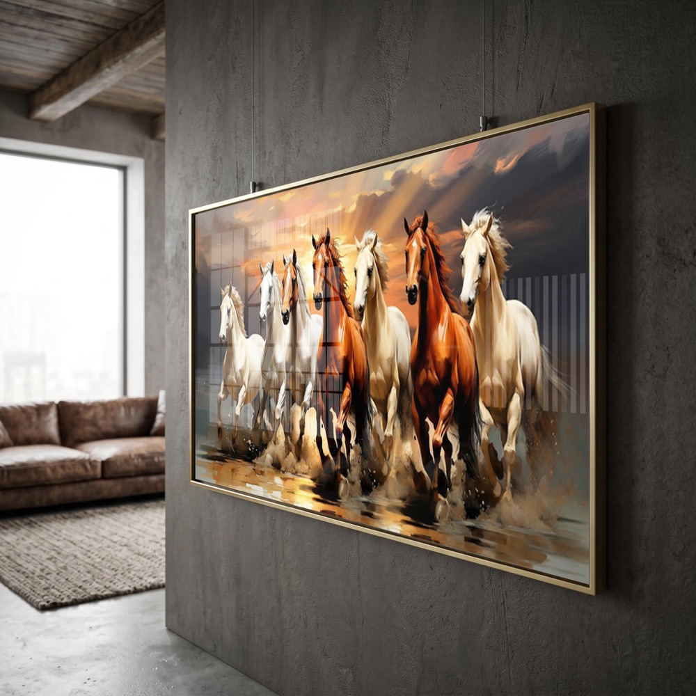 Sunrise Water Seven Horse Mixed Painting - Image 3
