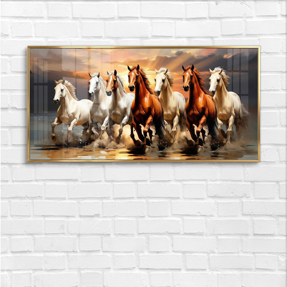 Sunrise Water Seven Horse Mixed Painting - Image 4