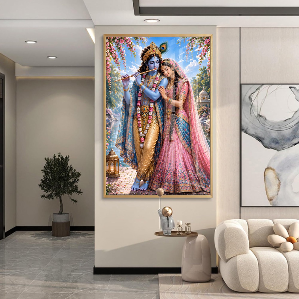 Radha Krishna Riverside Love Painting - Image 2
