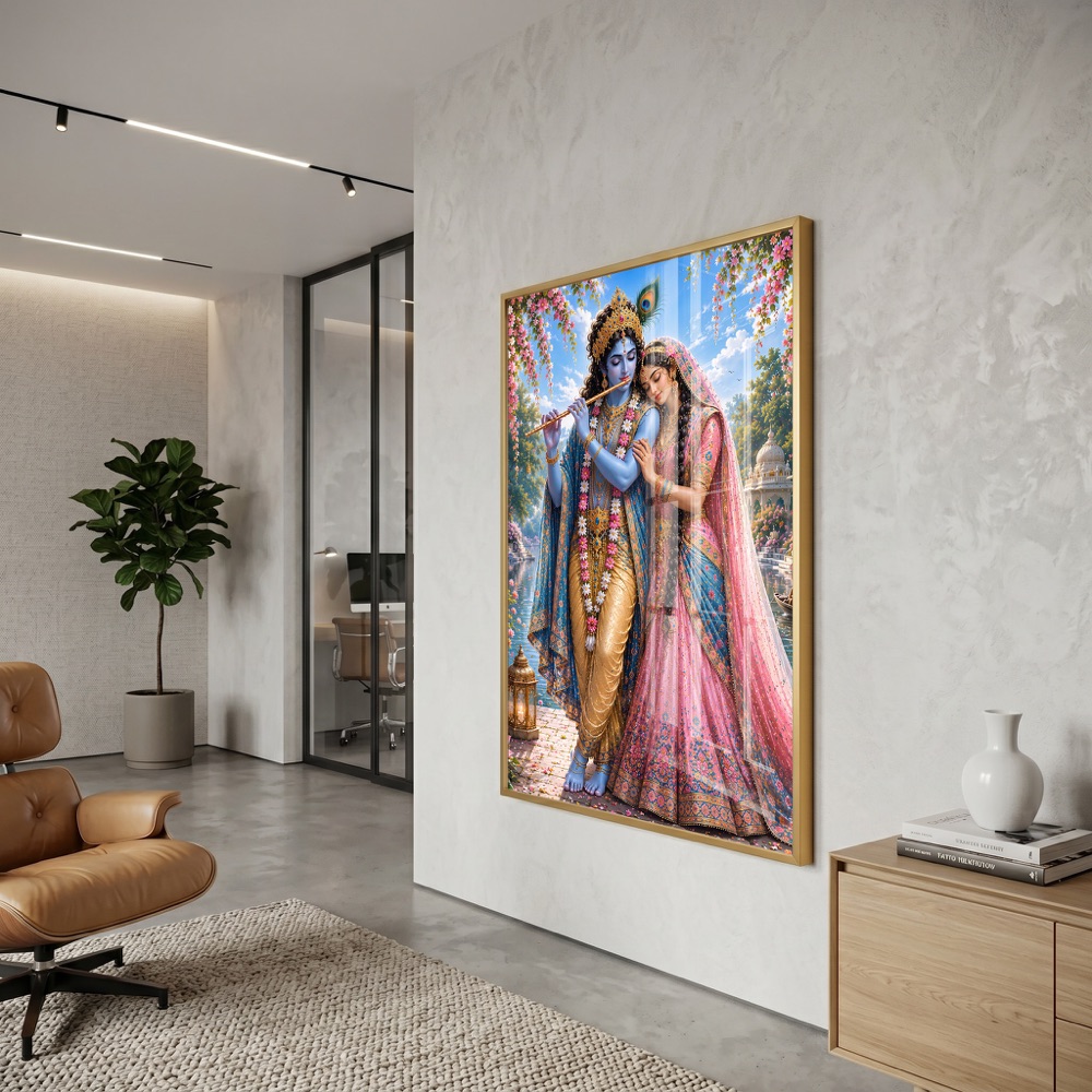 Radha Krishna Riverside Love Painting - Image 3