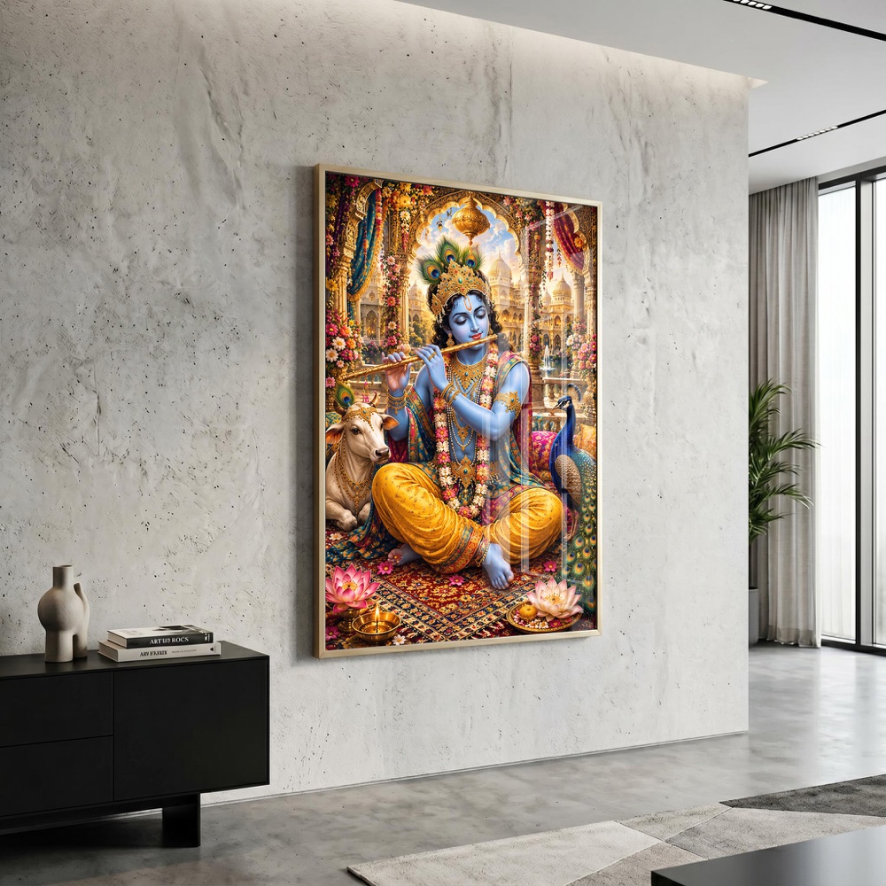 Divine Krishna Flute in Palace Painting - Image 3