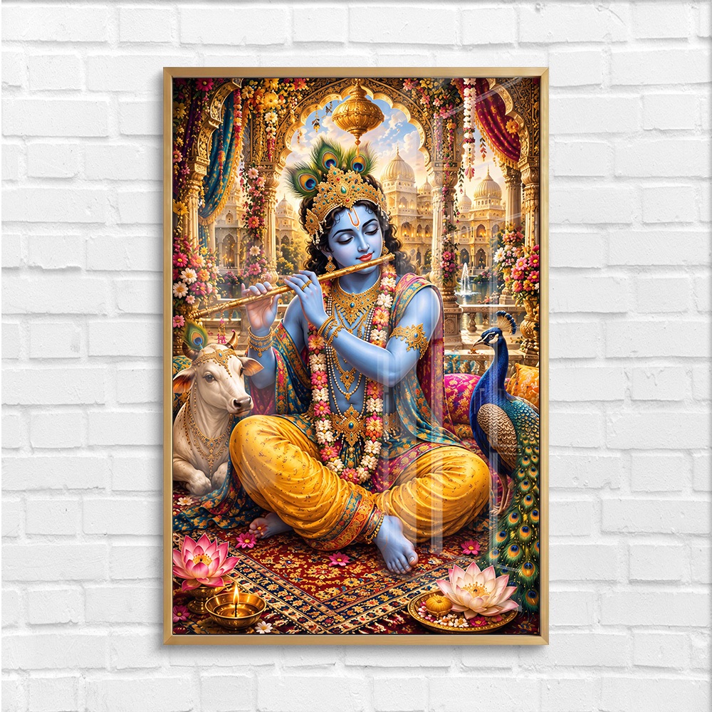 Divine Krishna Flute in Palace Painting - Image 4