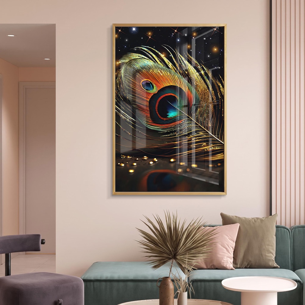 Golden Peacock Feather Krishna Painting - Image 2