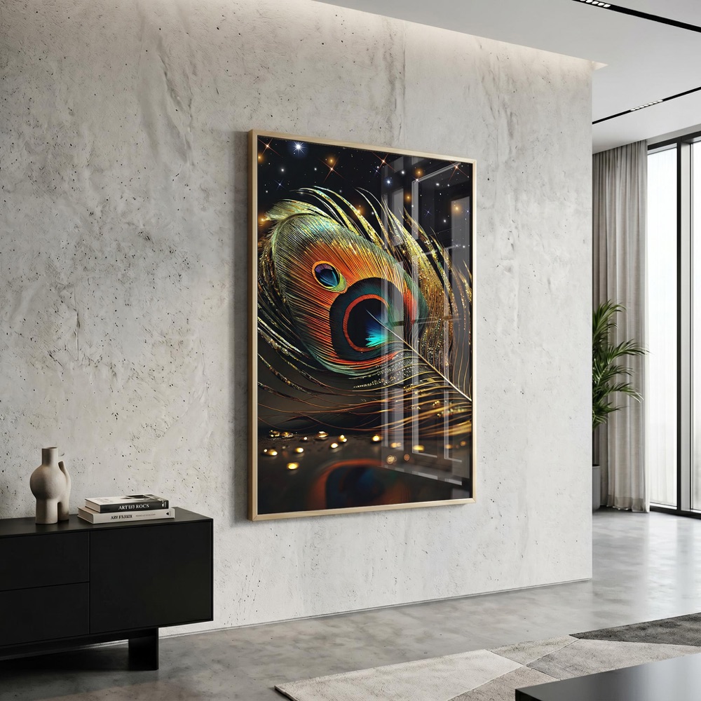 Golden Peacock Feather Krishna Painting - Image 3