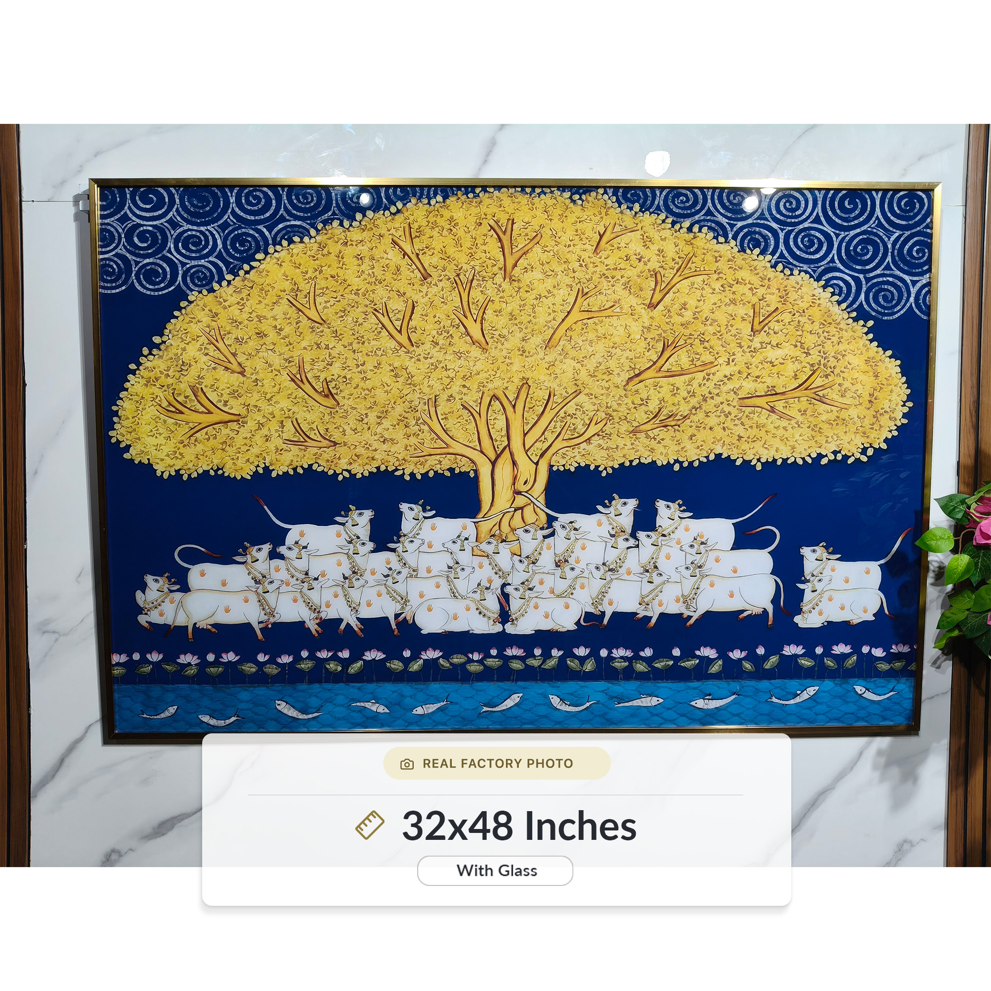 Sacred Cows Under Golden Tree of Life Pichwai Painting - Image 3