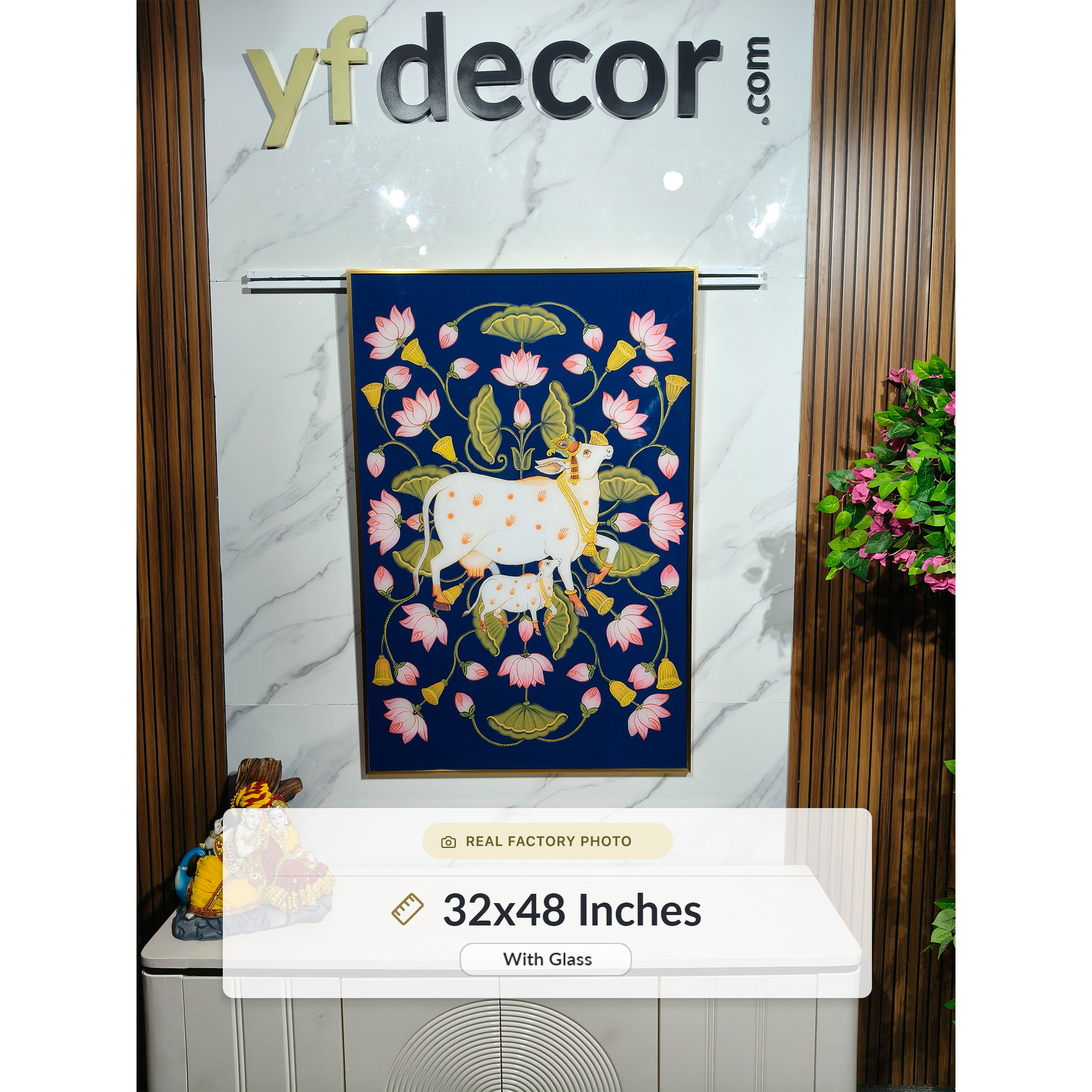 Kamadhenu Cow with Lotus Floral Motif Pichwai Painting - Image 3