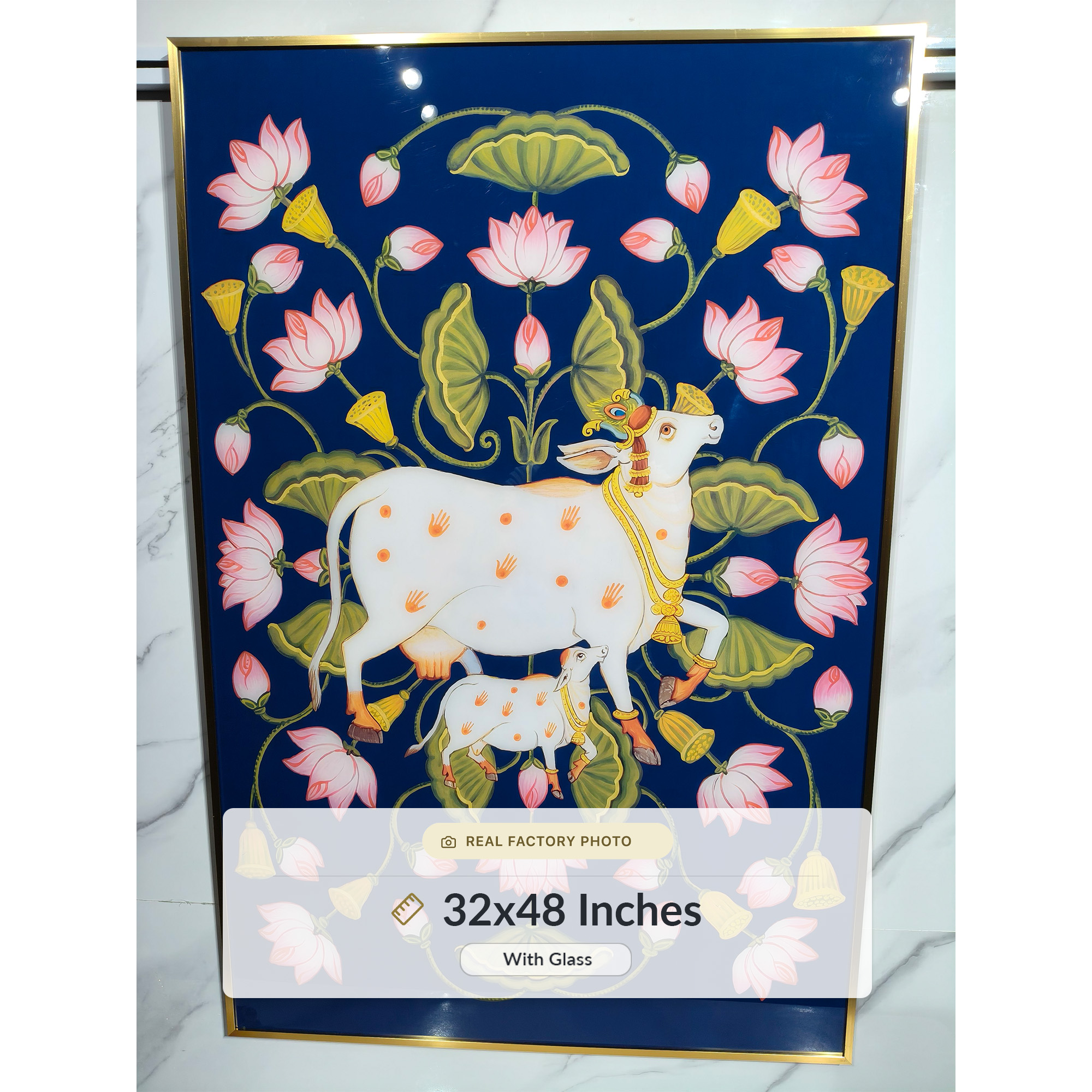 Kamadhenu Cow with Lotus Floral Motif Pichwai Painting - Image 6