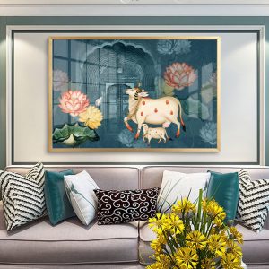 Traditional Lotus Cow Horizontal Painting