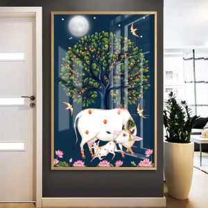 Moonlit Kalpavriksha Tree with Cow Calf and Lotus Art