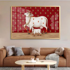 Ornate Cow and Calf on Red Pichwai Art