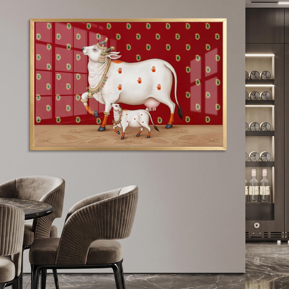 Ornate Cow and Calf on Red Pichwai Art - Image 2