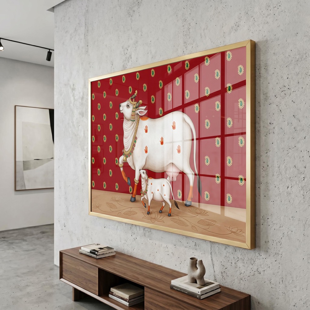 Ornate Cow and Calf on Red Pichwai Art - Image 3