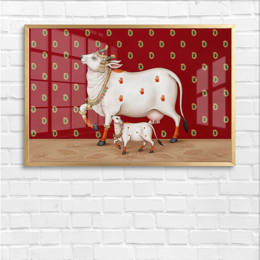 Ornate Cow and Calf on Red Pichwai Art - Image 4