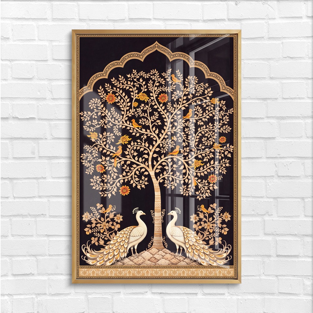 Mughal Arch Tree of Life with Peacocks Painting - Image 4