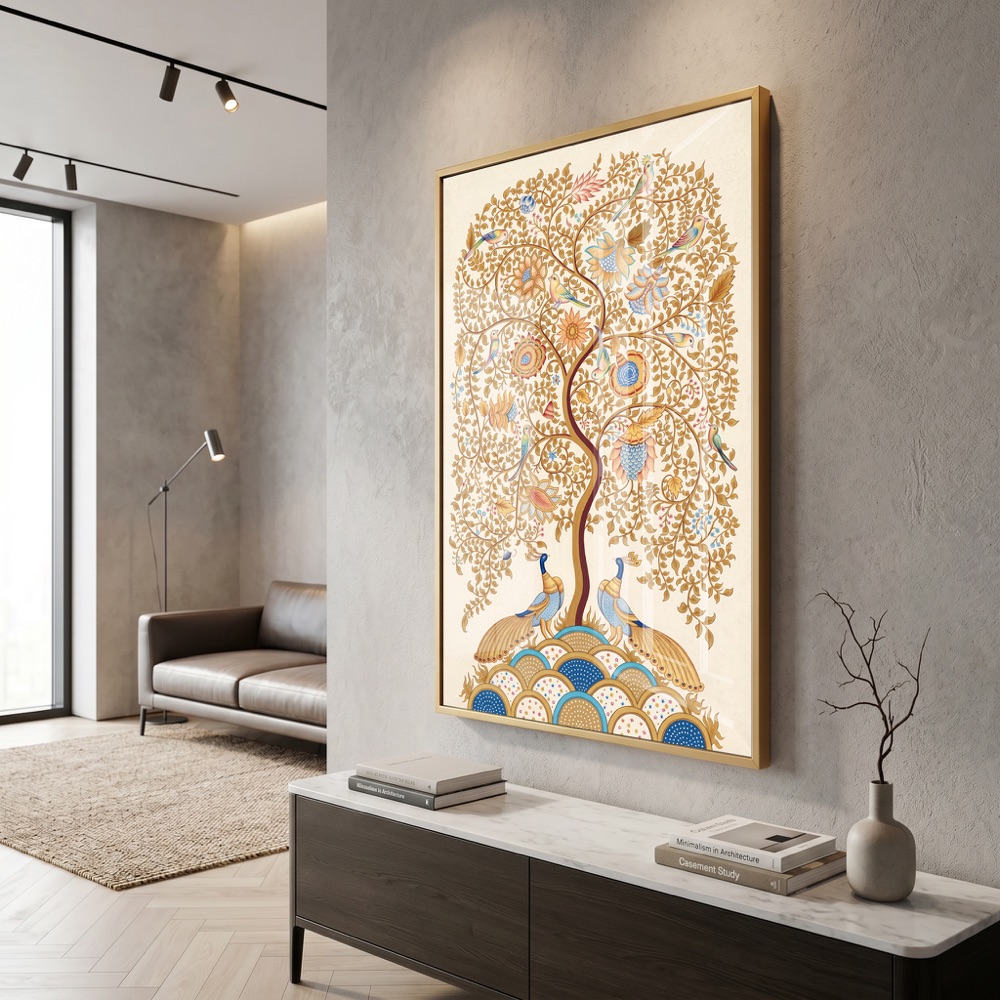 Pichwai Gold Tree of Life Peacocks Painting - Image 3