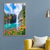 Vibrant Floral Mountain Waterfall Painting