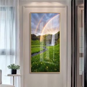 Sunlit Double Rainbow Meadow Waterfall Wall Art