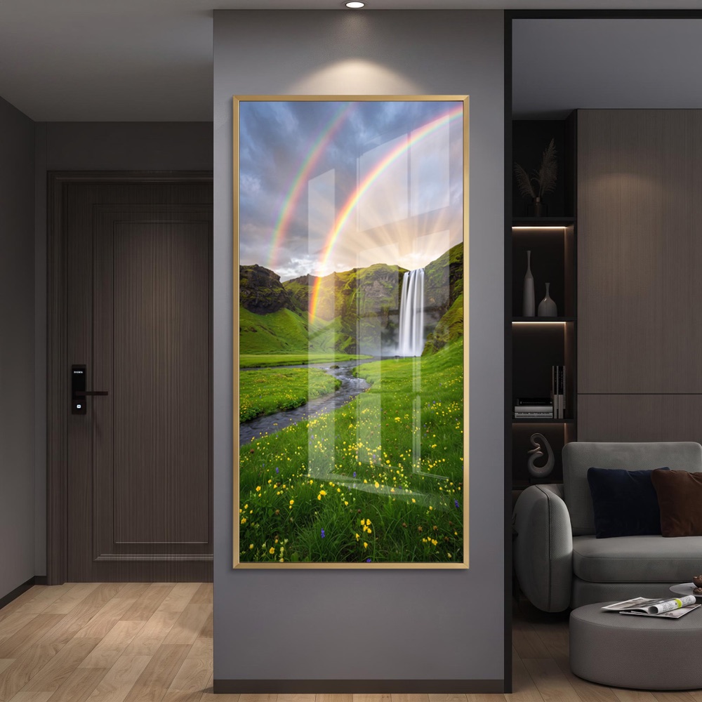 Sunlit Double Rainbow Meadow Waterfall Wall Art - Image 2