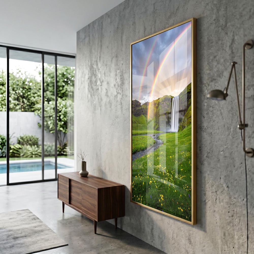 Sunlit Double Rainbow Meadow Waterfall Wall Art - Image 3