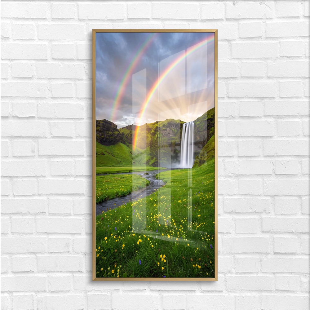 Sunlit Double Rainbow Meadow Waterfall Wall Art - Image 4