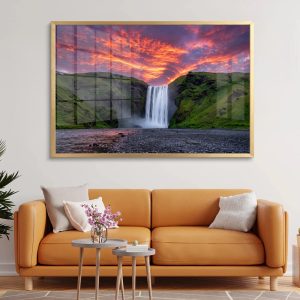 Dramatic Sunset Mossy Cliff Waterfall Wall Painting