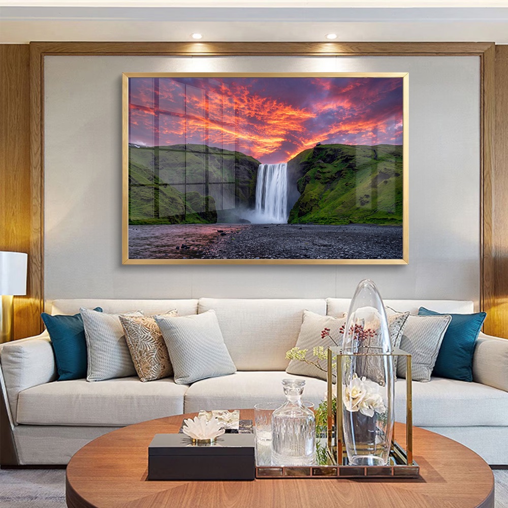 Dramatic Sunset Mossy Cliff Waterfall Wall Painting - Image 2