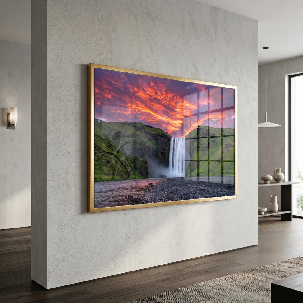 Dramatic Sunset Mossy Cliff Waterfall Wall Painting - Image 3