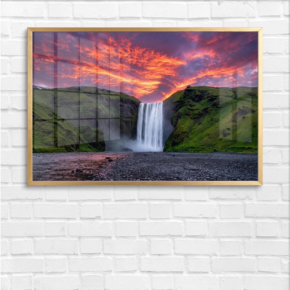 Dramatic Sunset Mossy Cliff Waterfall Wall Painting - Image 4