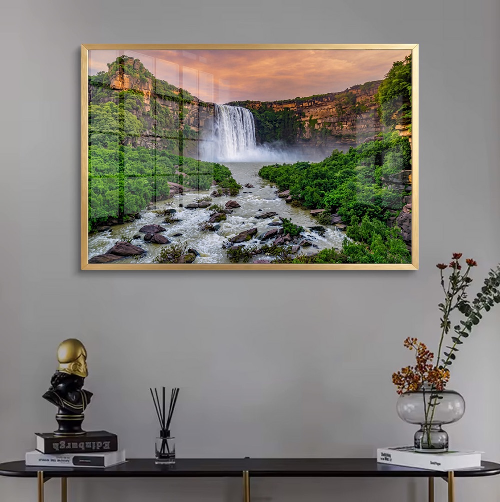 Wide Lush Forest Cascading Waterfall Art