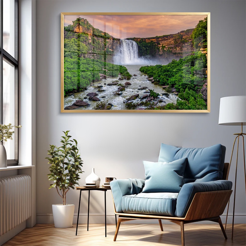Wide Lush Forest Cascading Waterfall Art - Image 2