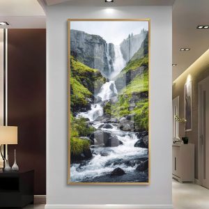 Dramatic Rocky Cascade Mountain Waterfall Art