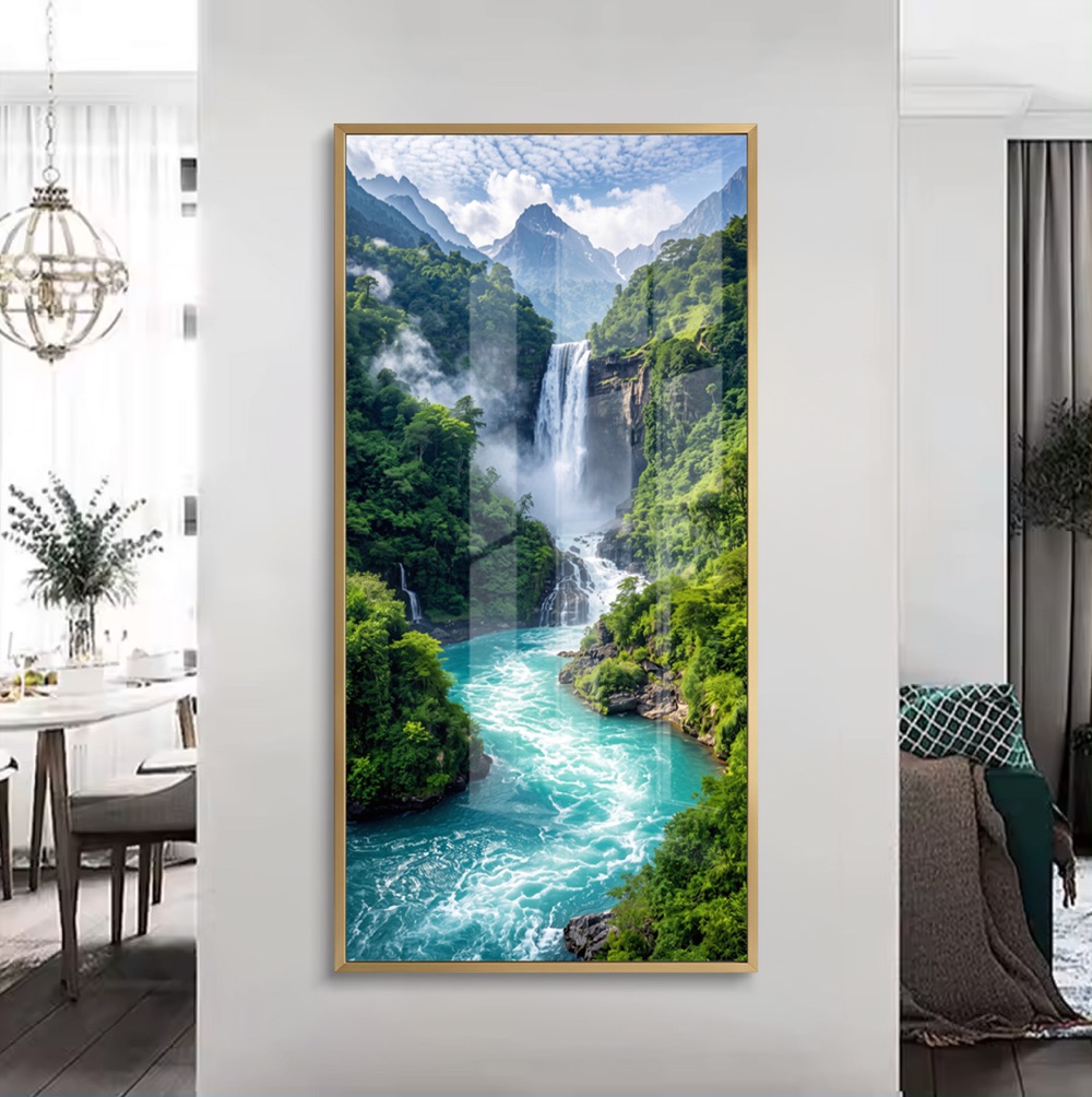 Lush Canyon Turquoise River Waterfall Wall Painting - Image 2