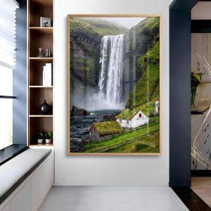 Icelandic Village Mossy Cliff Waterfall Wall Painting