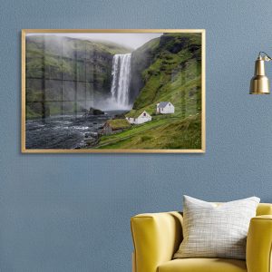 Misty Icelandic Village Waterfall Canvas Painting