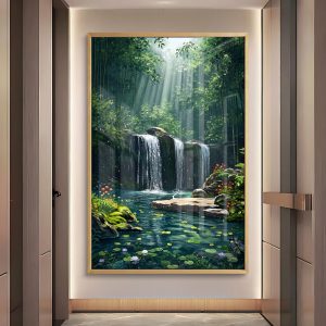 Serene Enchanted Forest Waterfall Painting