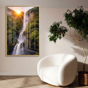 Sunlit Tiered Forest Waterfall Painting