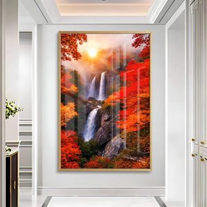Vibrant Red Autumn Waterfall Wall Art