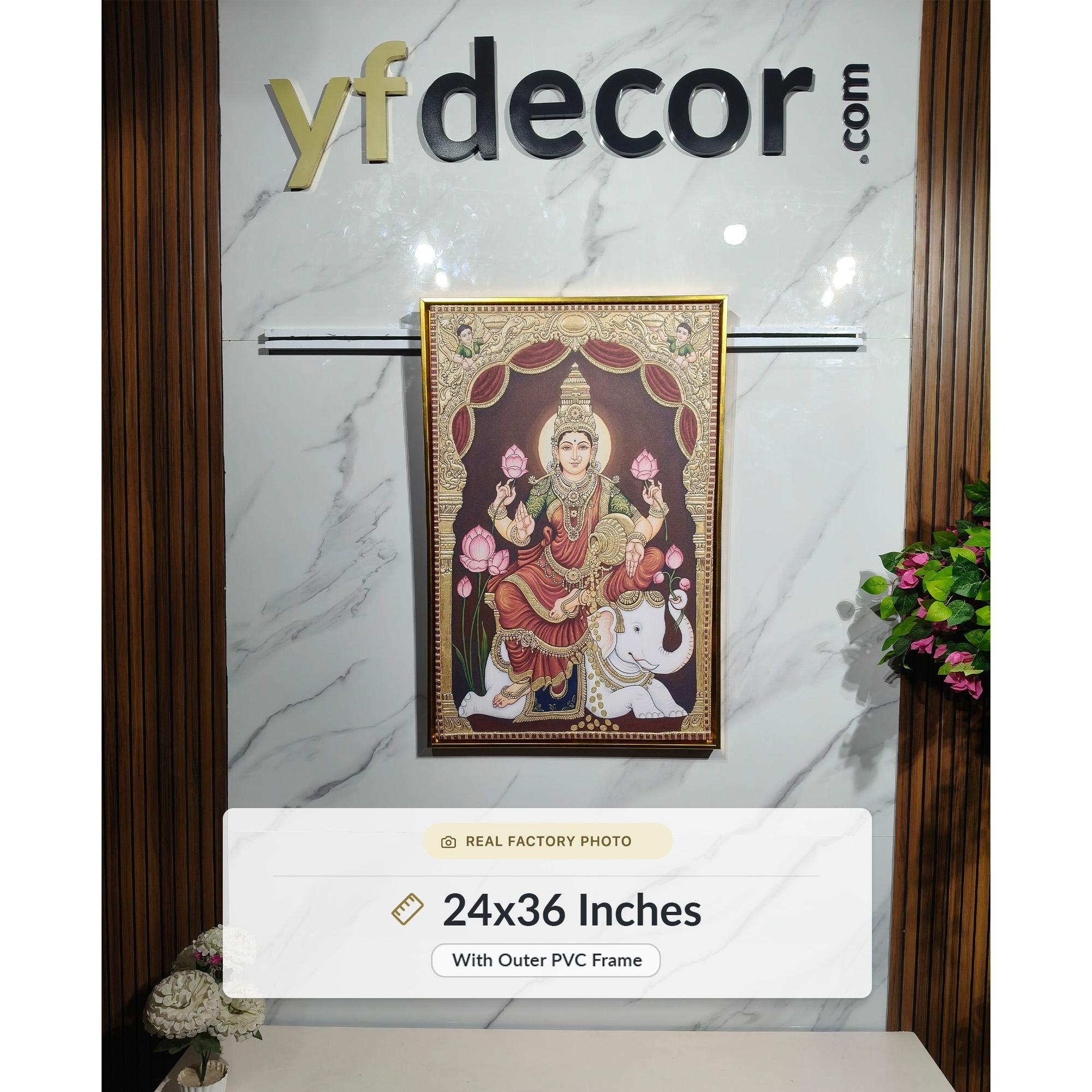 Royal Tanjore Style Dhanalakshmi Seated On Elephant Prosperity Portrait - Image 3