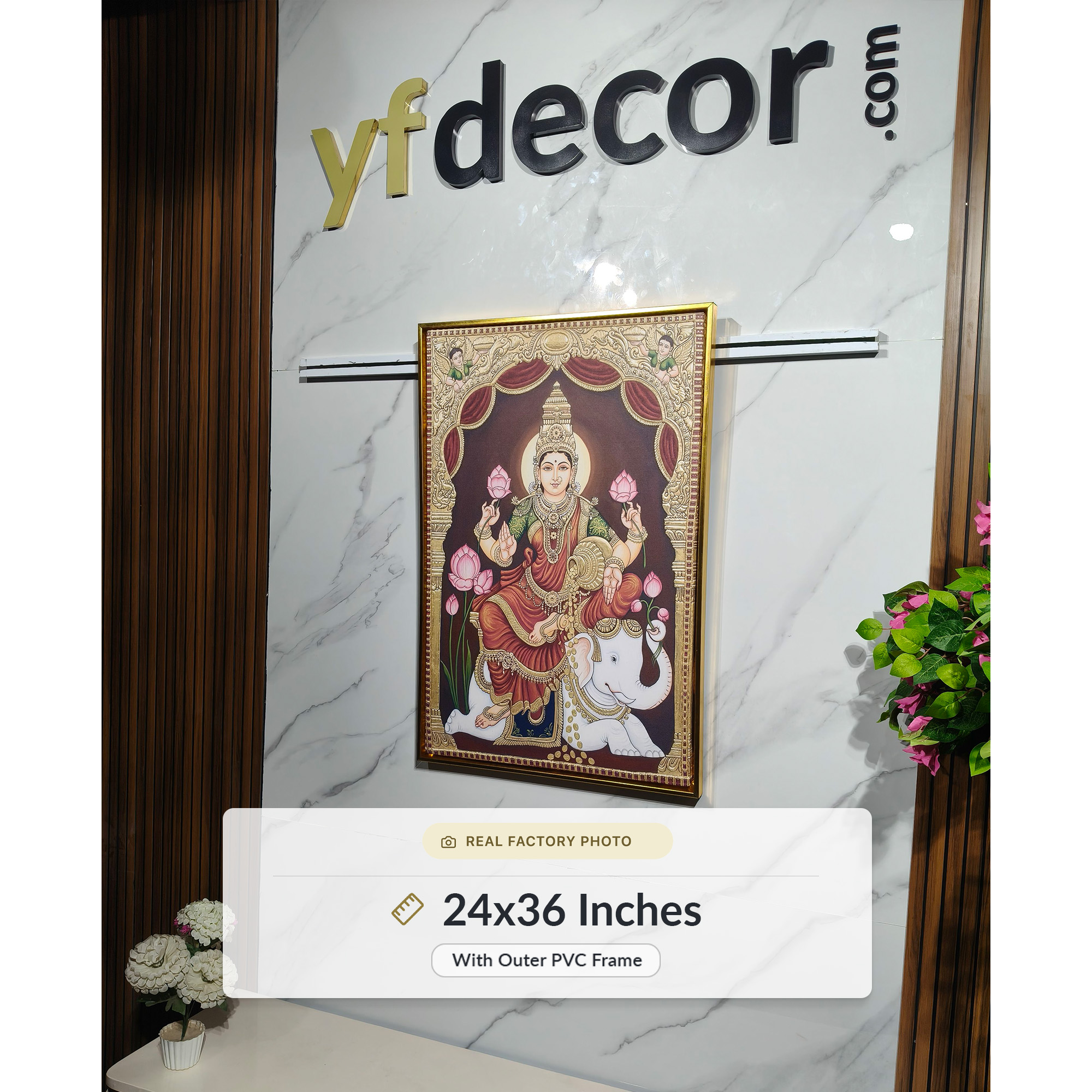 Royal Tanjore Style Dhanalakshmi Seated On Elephant Prosperity Portrait - Image 4
