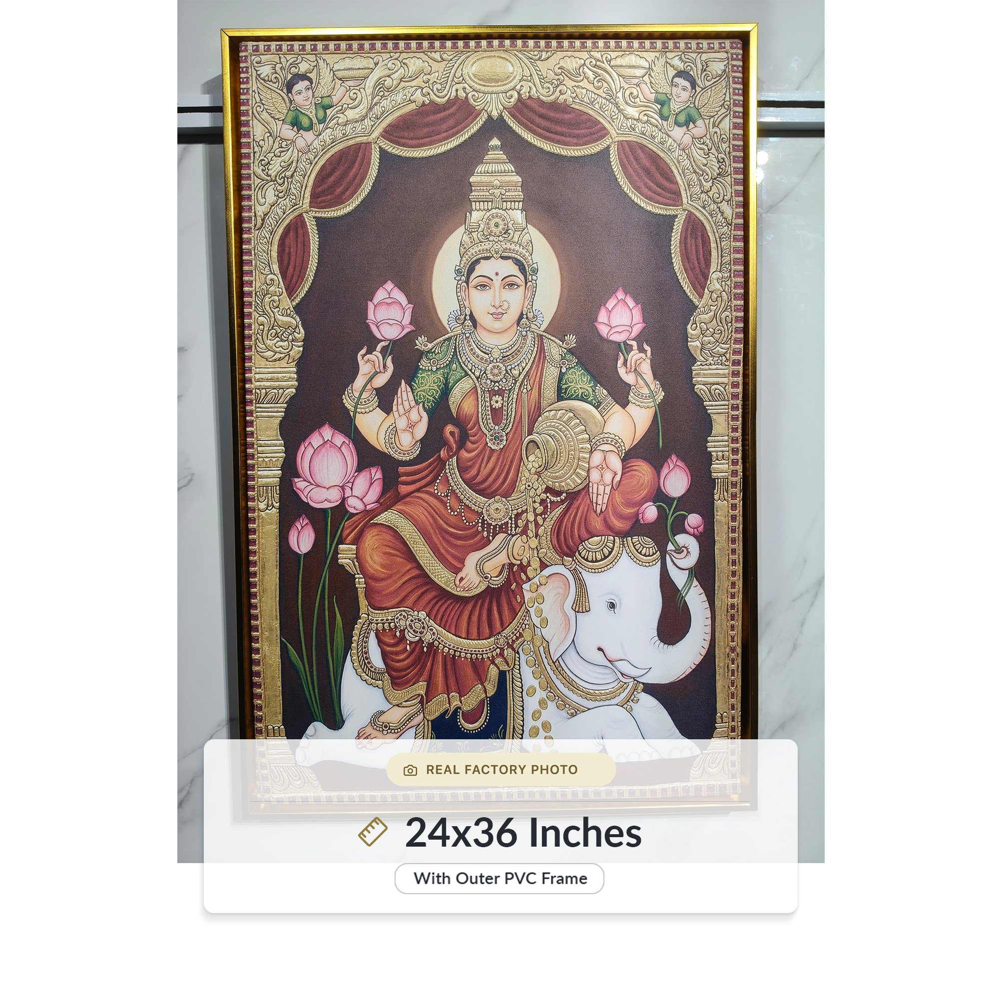 Royal Tanjore Style Dhanalakshmi Seated On Elephant Prosperity Portrait - Image 6